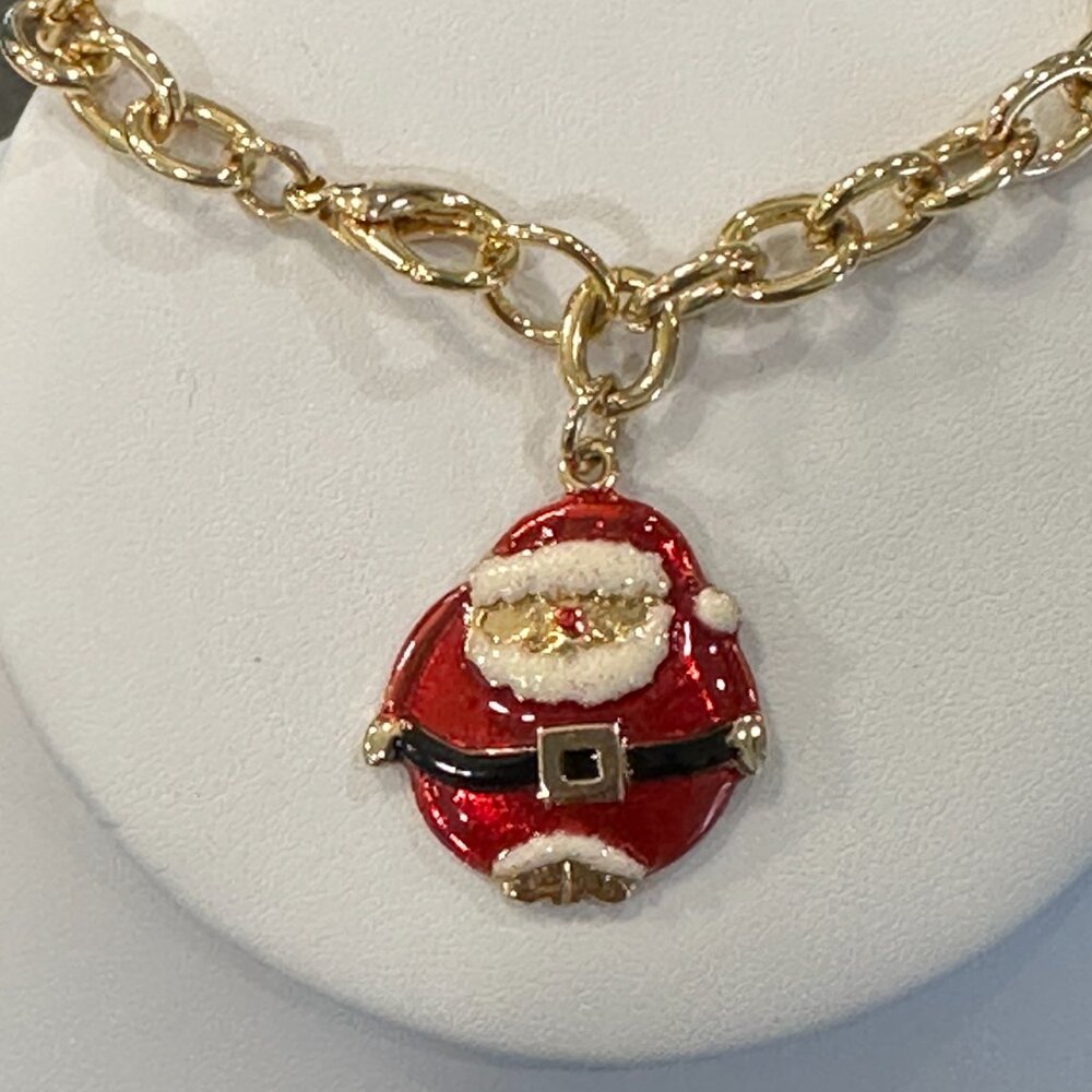 Gold Tone Santa Charm Chain Link Bracelet Enamel Santa 7"